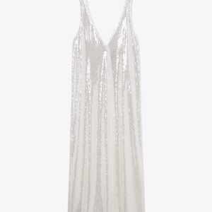 Zara White Sequin V-Neck Dress